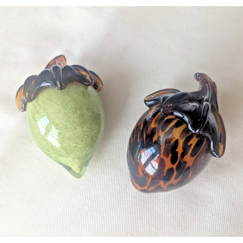 Lot Of 2 Acorns Heavy Blown Glass Fall Decor Orange & Green Paperweight Speckled